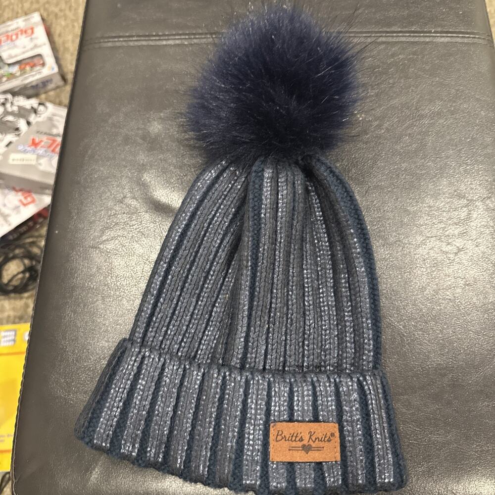Navy Glacier Metallic Knit Pom Hat Britts Knits